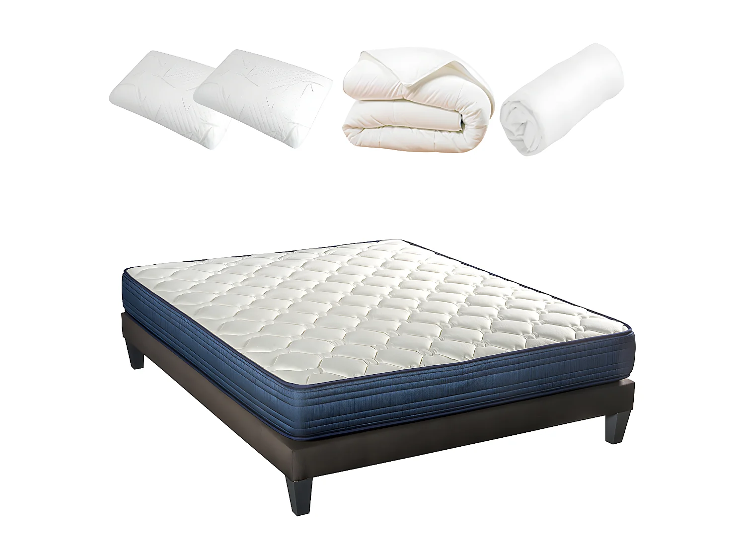 BELLECOUR LITERIE | Pack Prêt à dormir QUINCONCES 140x200 cm | Matelas Mémoire de forme + Sommier + Accessoires