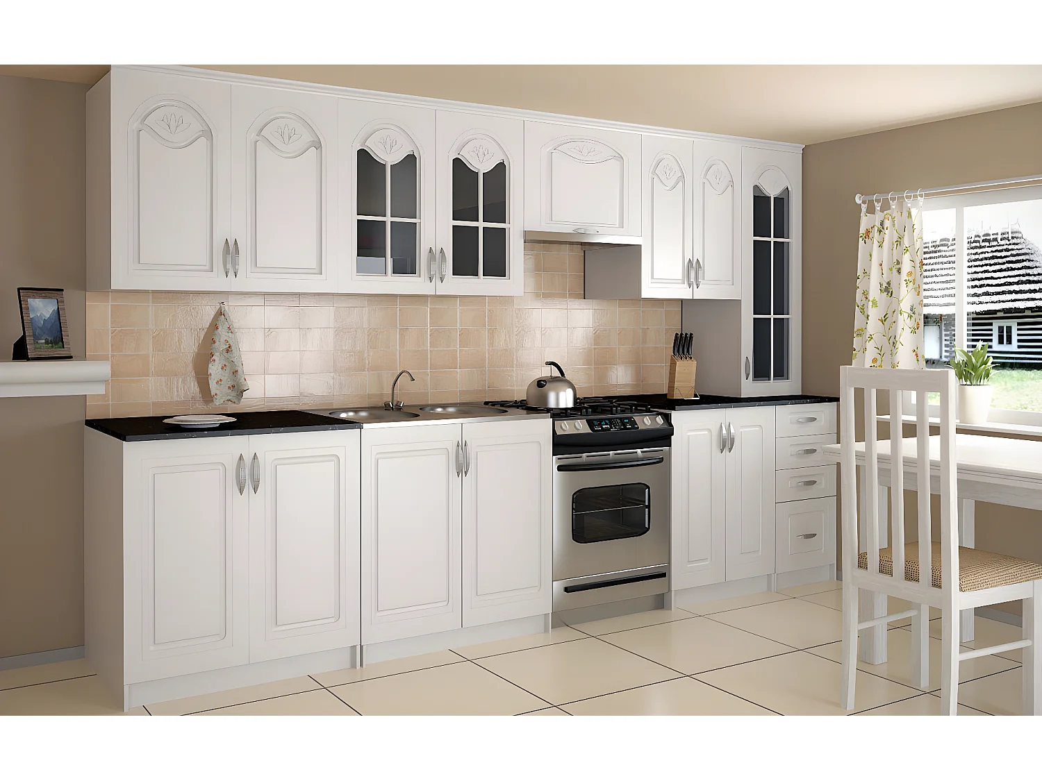 Cuisine complète de 3m20 DINA blanche avec moulures