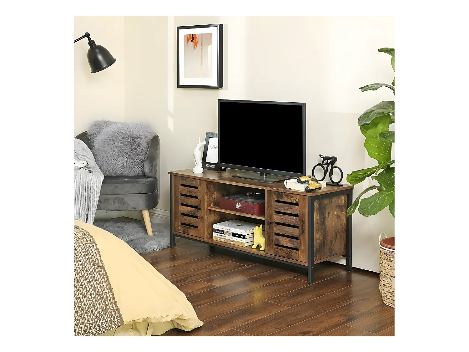 Meuble TV avec étagères et 2 portes de Rangement. Style Industriel, Marron Rustique et Noir - INDUSA