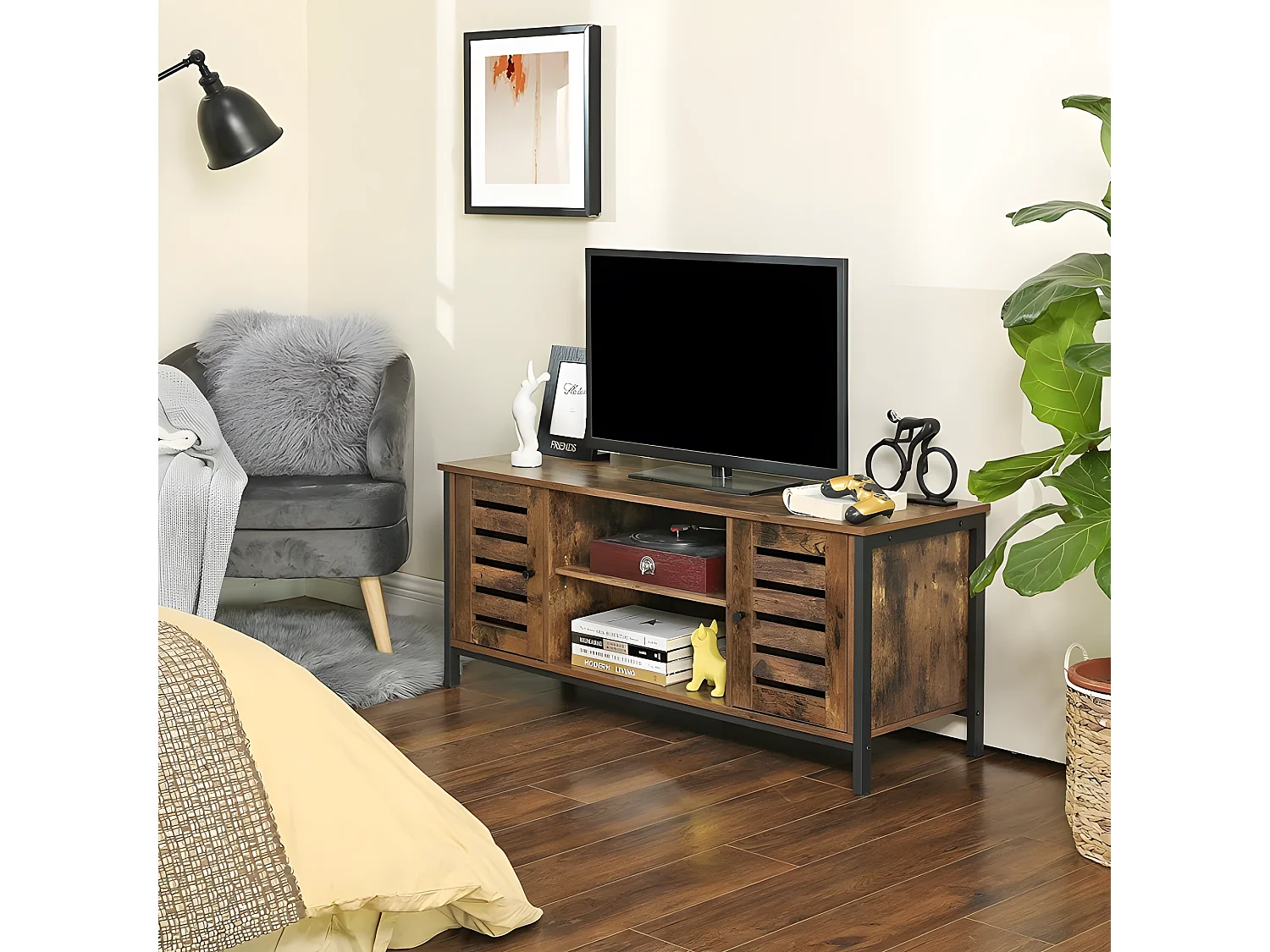 Meuble TV avec étagères et 2 portes de Rangement. Style Industriel, Marron Rustique et Noir - INDUSA