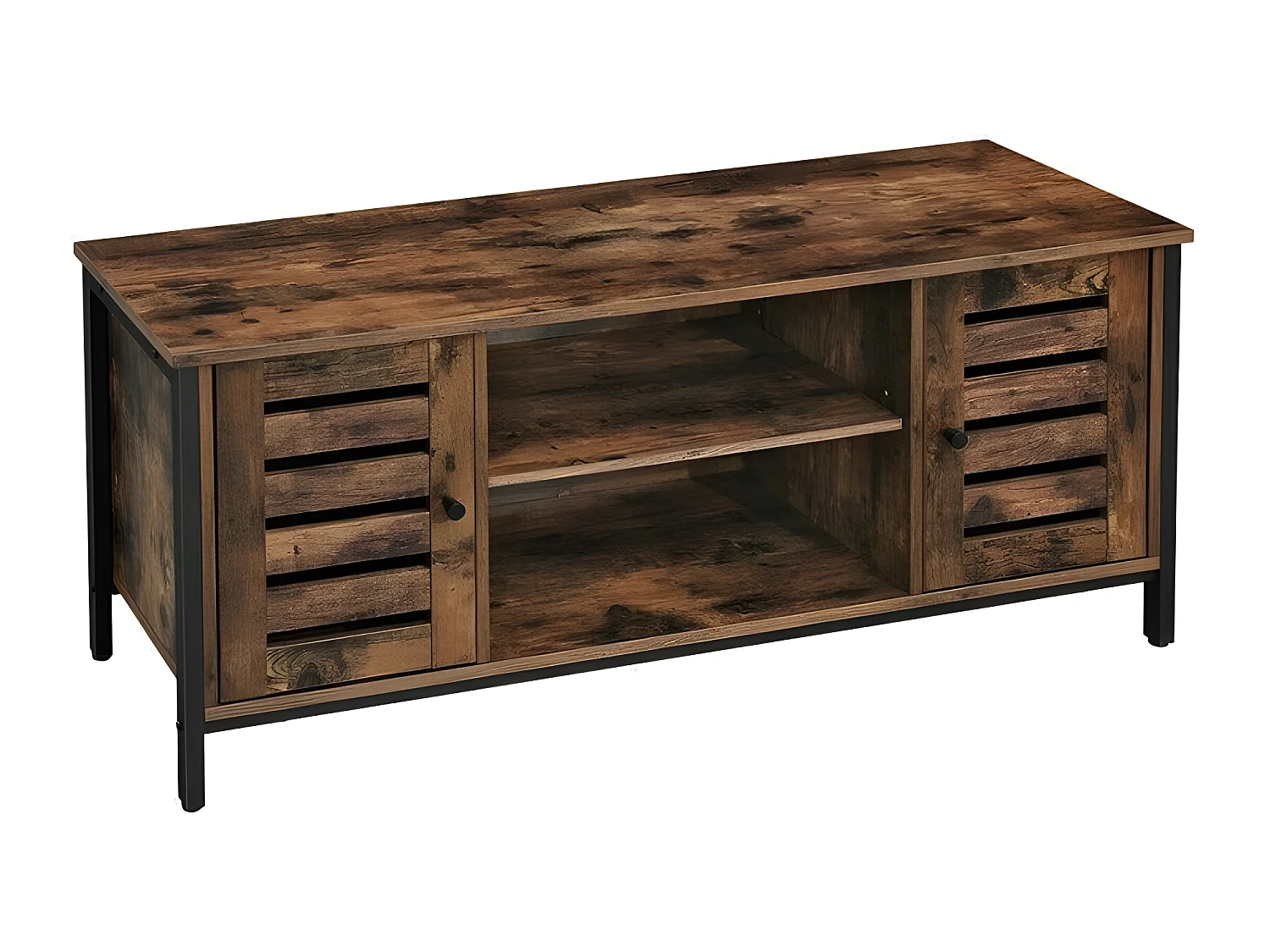 Meuble TV avec étagères et 2 portes de Rangement. Style Industriel, Marron Rustique et Noir - INDUSA