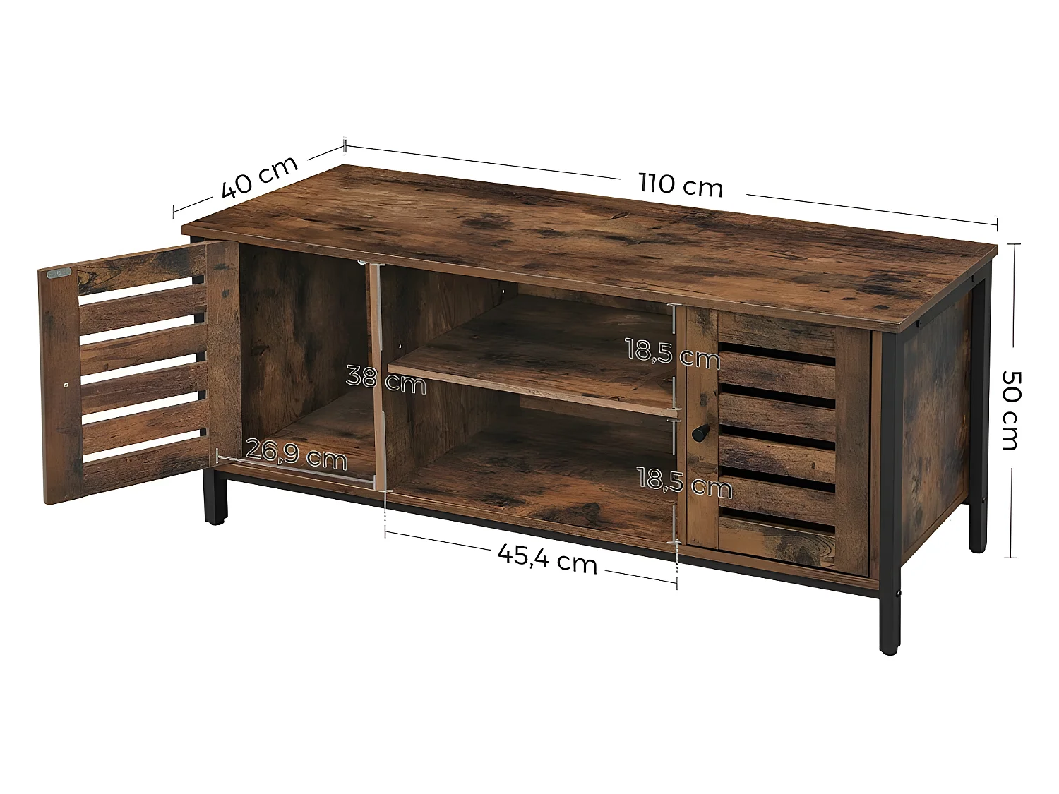 Meuble TV avec étagères et 2 portes de Rangement. Style Industriel, Marron Rustique et Noir - INDUSA