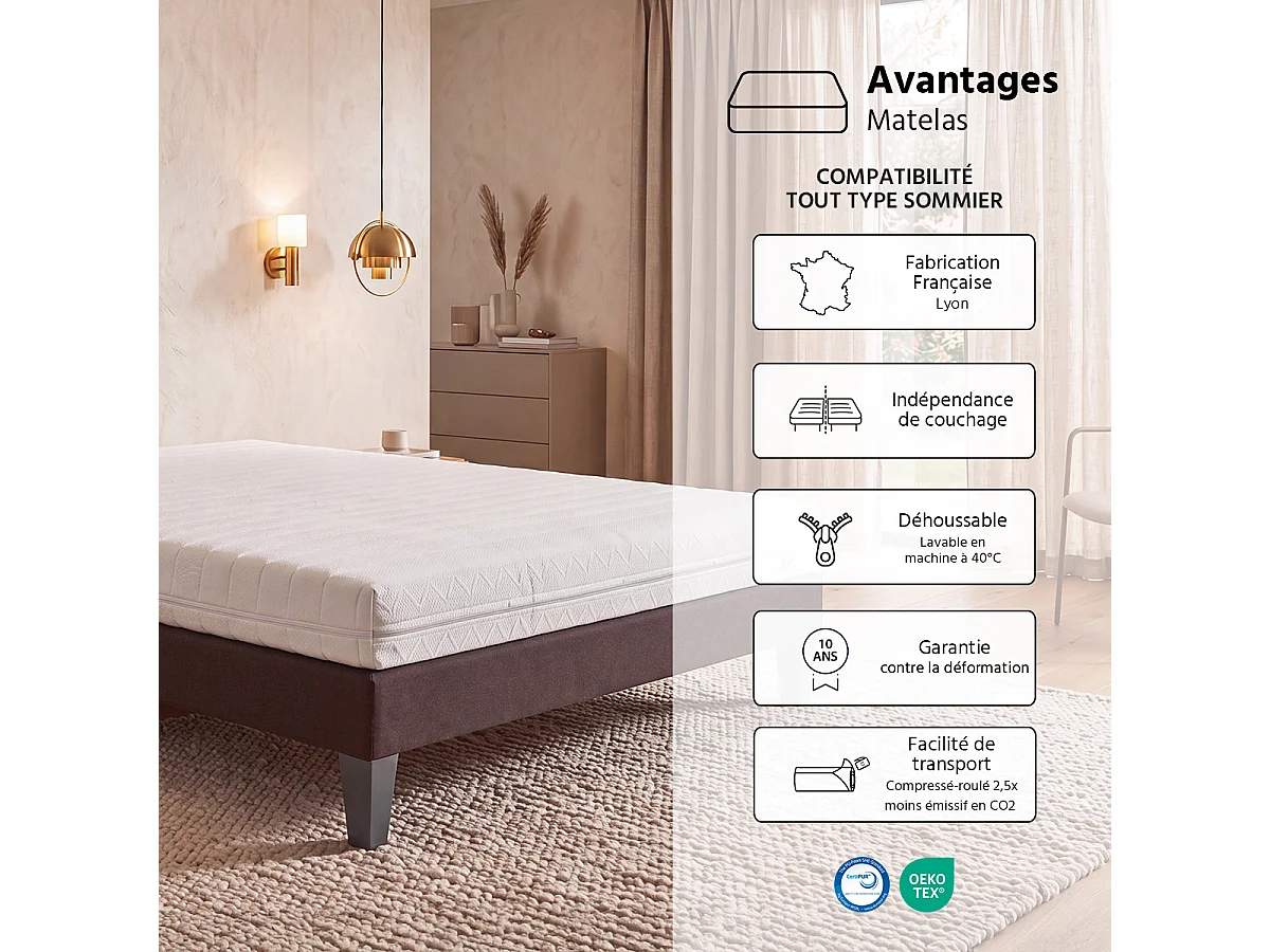 Matelas Egio - Mousse au toucher latex - Ferme - Fabriqué en France - 12 cm - 90x190 cm