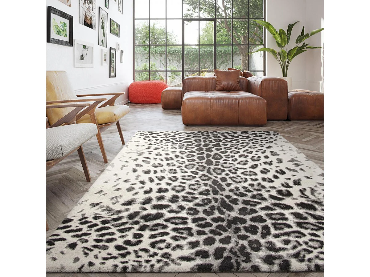 tapis grand salon 200x290 tissé noir et blanc rectangle motif animaux BELLA 5