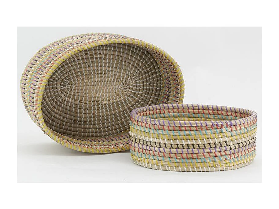 Corbeilles ovales en jonc et plastique multicolore