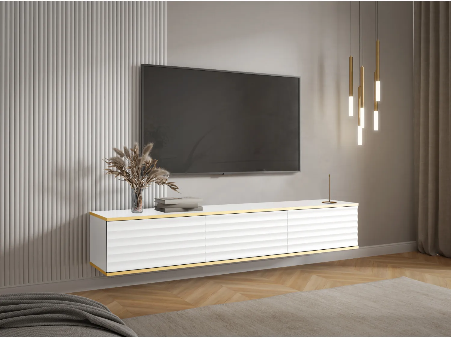 Meuble TV suspendu avec 3 portes en MDF - Blanc et Doré - ALESAR de Pascal MORABITO