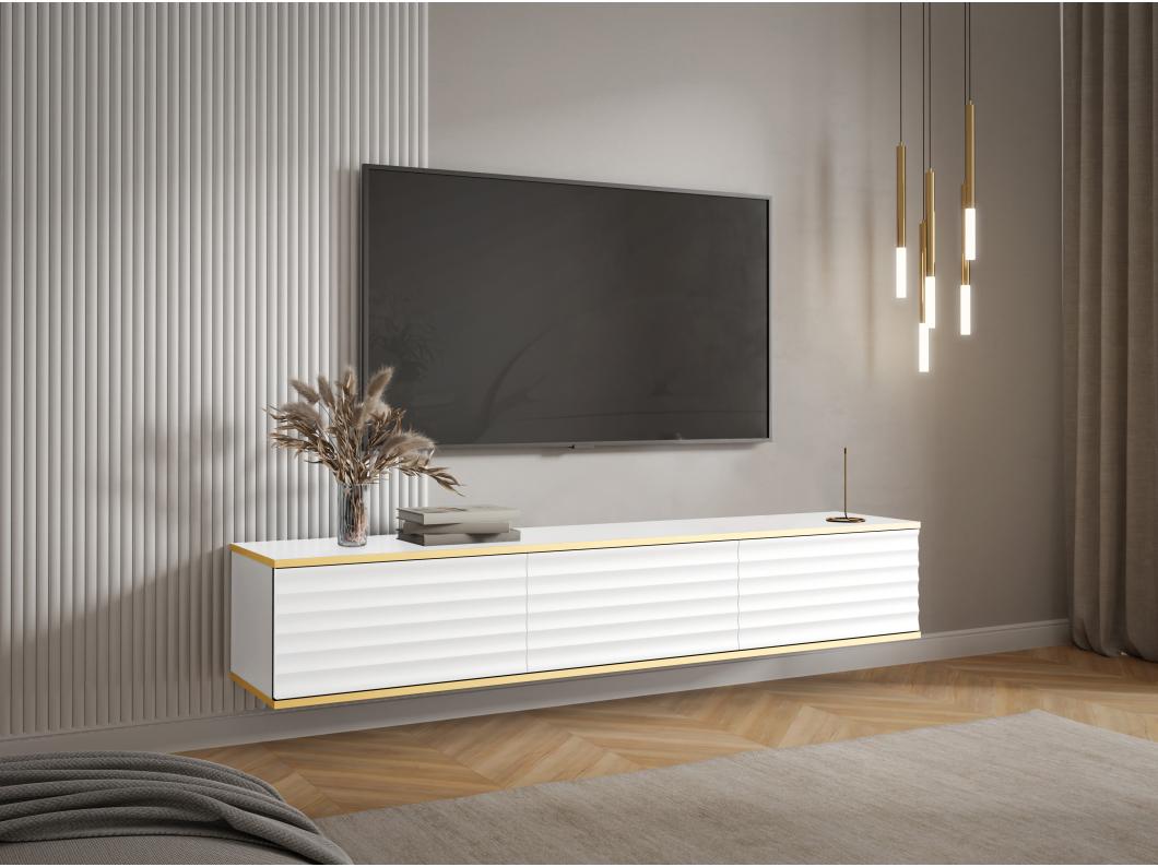 Meuble TV suspendu avec 3 portes en MDF - Blanc et Doré - ALESAR de Pascal MORABITO