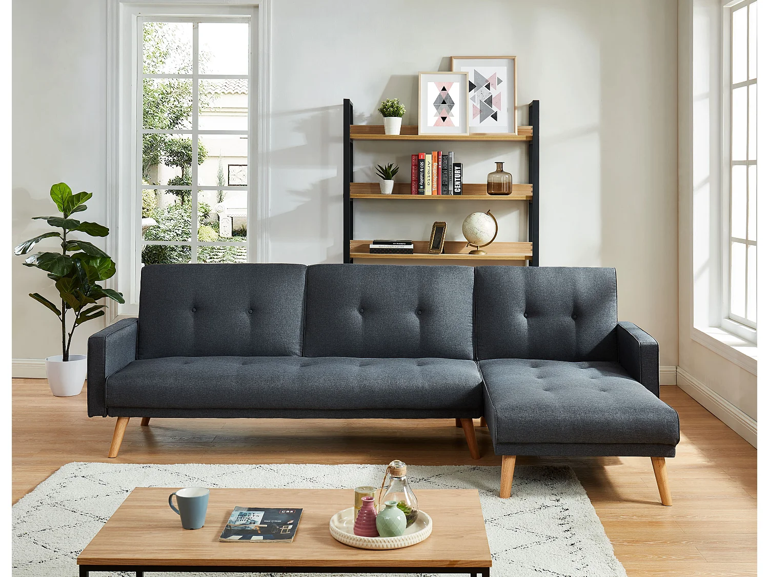 Canapé d'angle LUXI en tissu gris anthracite convertible au style scandinave