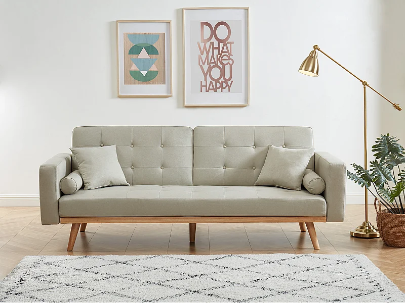 Canapé KELLY droit en tissu beige convertible