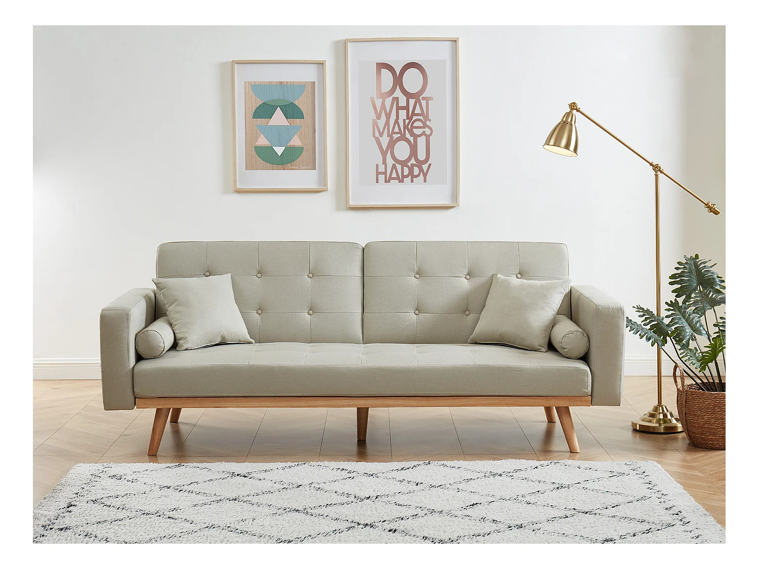 Canapé KELLY droit en tissu beige convertible