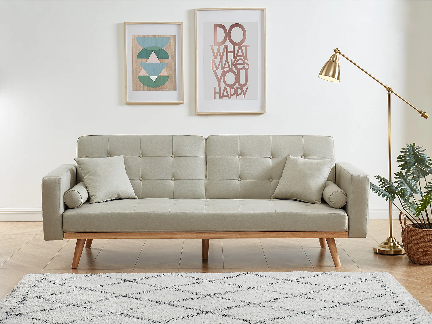 Canapé KELLY droit en tissu beige convertible