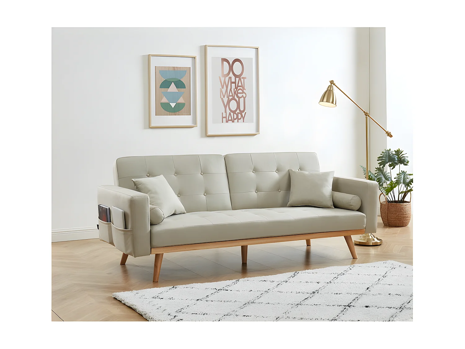 Canapé KELLY droit en tissu beige convertible