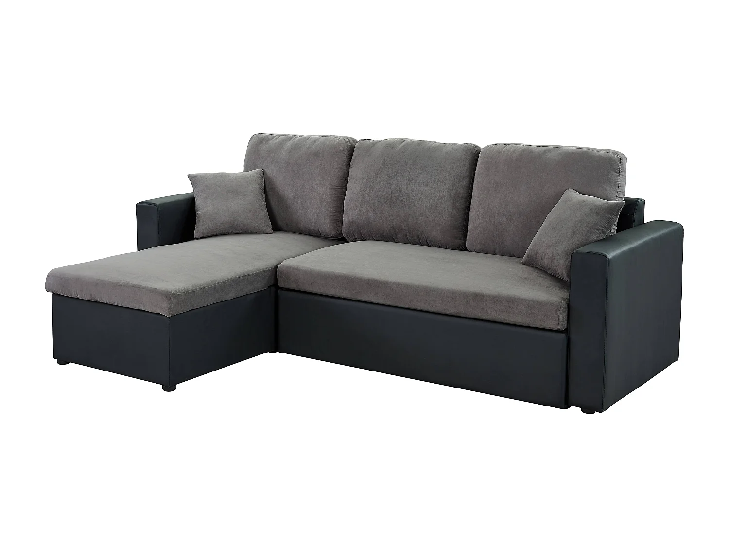 Canapé d'angle ASPEN convertible, réversible et coffre en tissu gris et PU noir