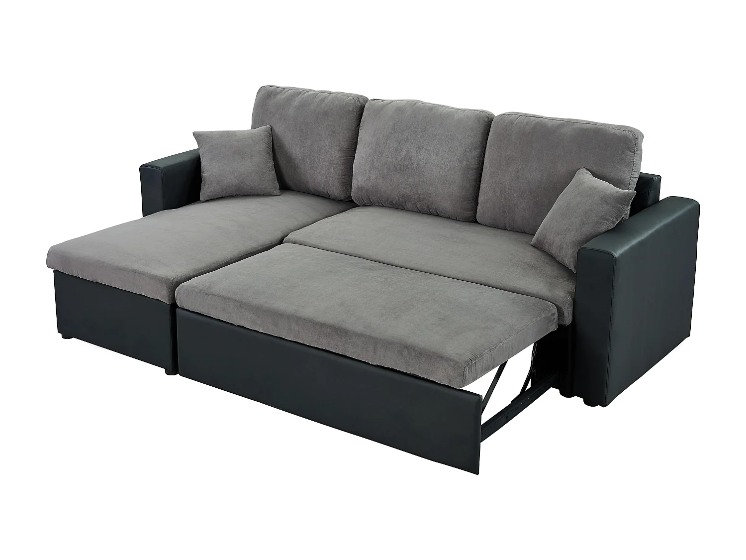 Canapé d'angle ASPEN convertible, réversible et coffre en tissu gris et PU noir