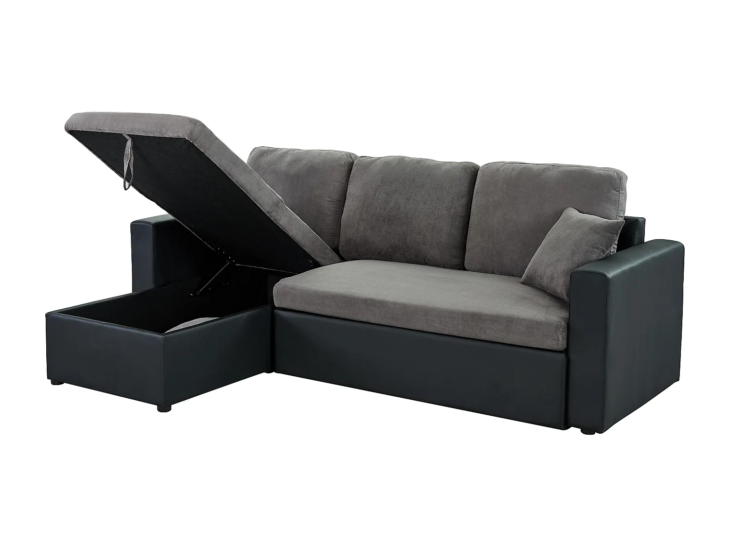 Canapé d'angle ASPEN convertible, réversible et coffre en tissu gris et PU noir