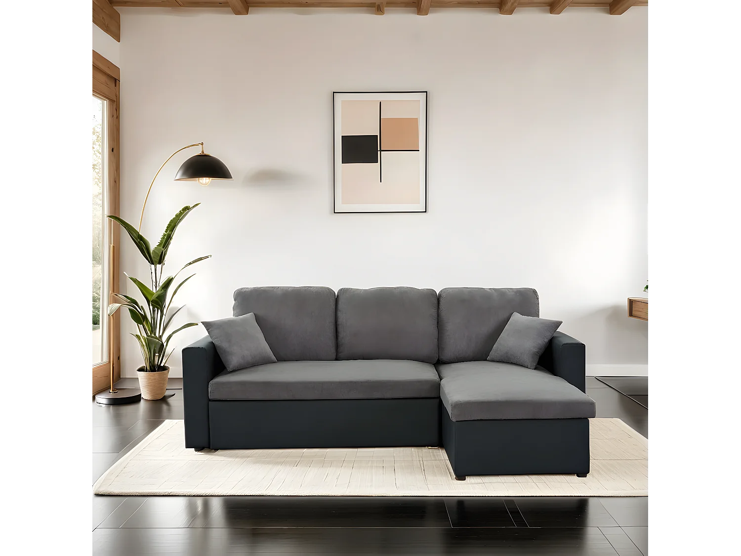 Canapé d'angle ASPEN convertible, réversible et coffre en tissu gris et PU noir