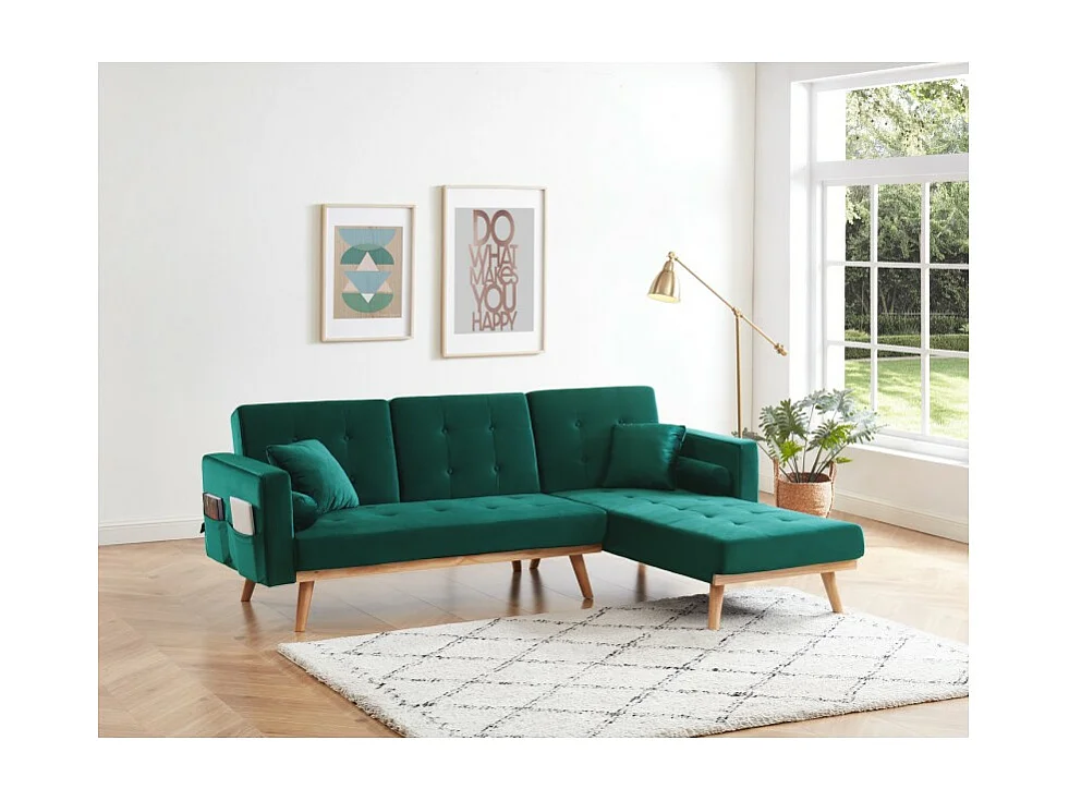 Canapé KELLY en velours vert avec angle convertible