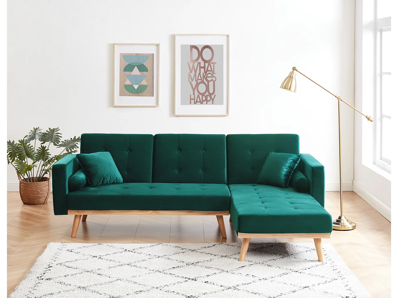 Canapé KELLY en velours vert avec angle convertible