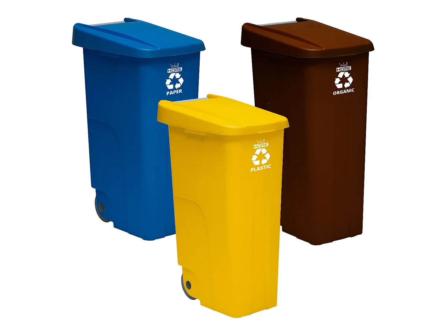 Récipients de recyclage de 110 litres fermés chacun: 330 litres, dans 3 conteneurs, en bleu / jaune / jaune couleurs, L57 P 42 H88