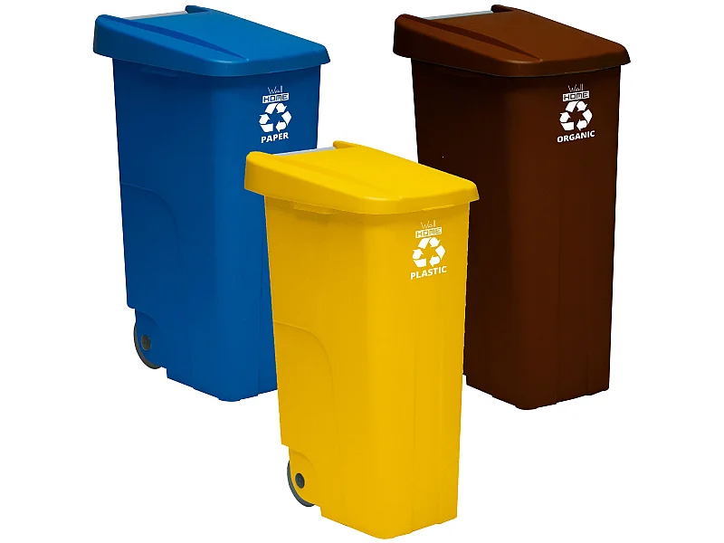Récipients de recyclage de 110 litres fermés chacun: 330 litres, dans 3 conteneurs, en bleu / jaune / jaune couleurs, L57 P 42 H88