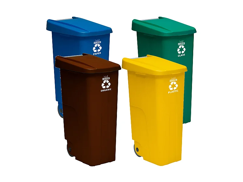 Récipient de recyclage 110 litres fermé chacun: 440 litres au total, dans 4 conteneurs, en bleu / vert / jaune / jaune, L57 P 42 H88