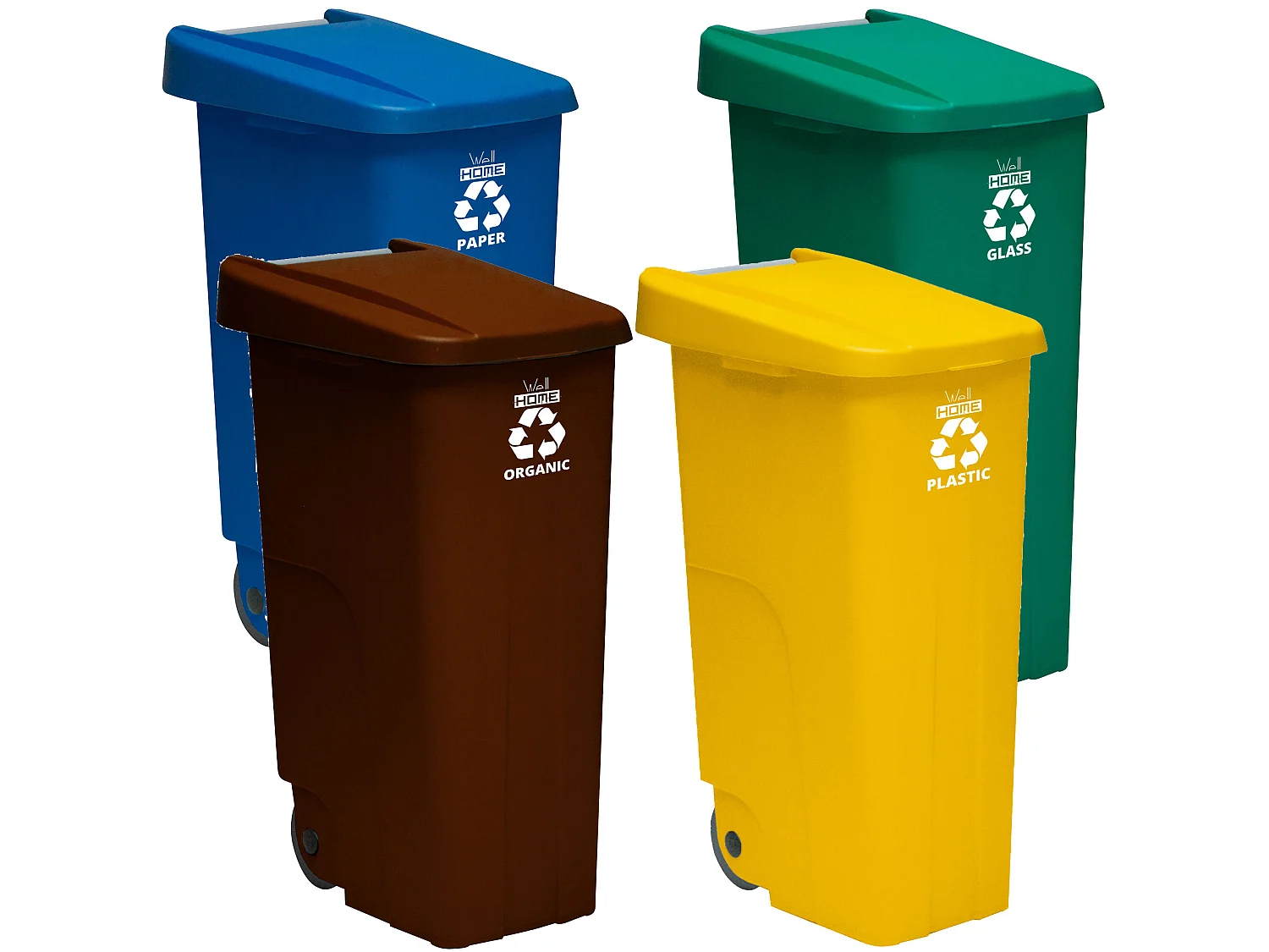 Récipient de recyclage 110 litres fermé chacun: 440 litres au total, dans 4 conteneurs, en bleu / vert / jaune / jaune, L57 P 42 H88