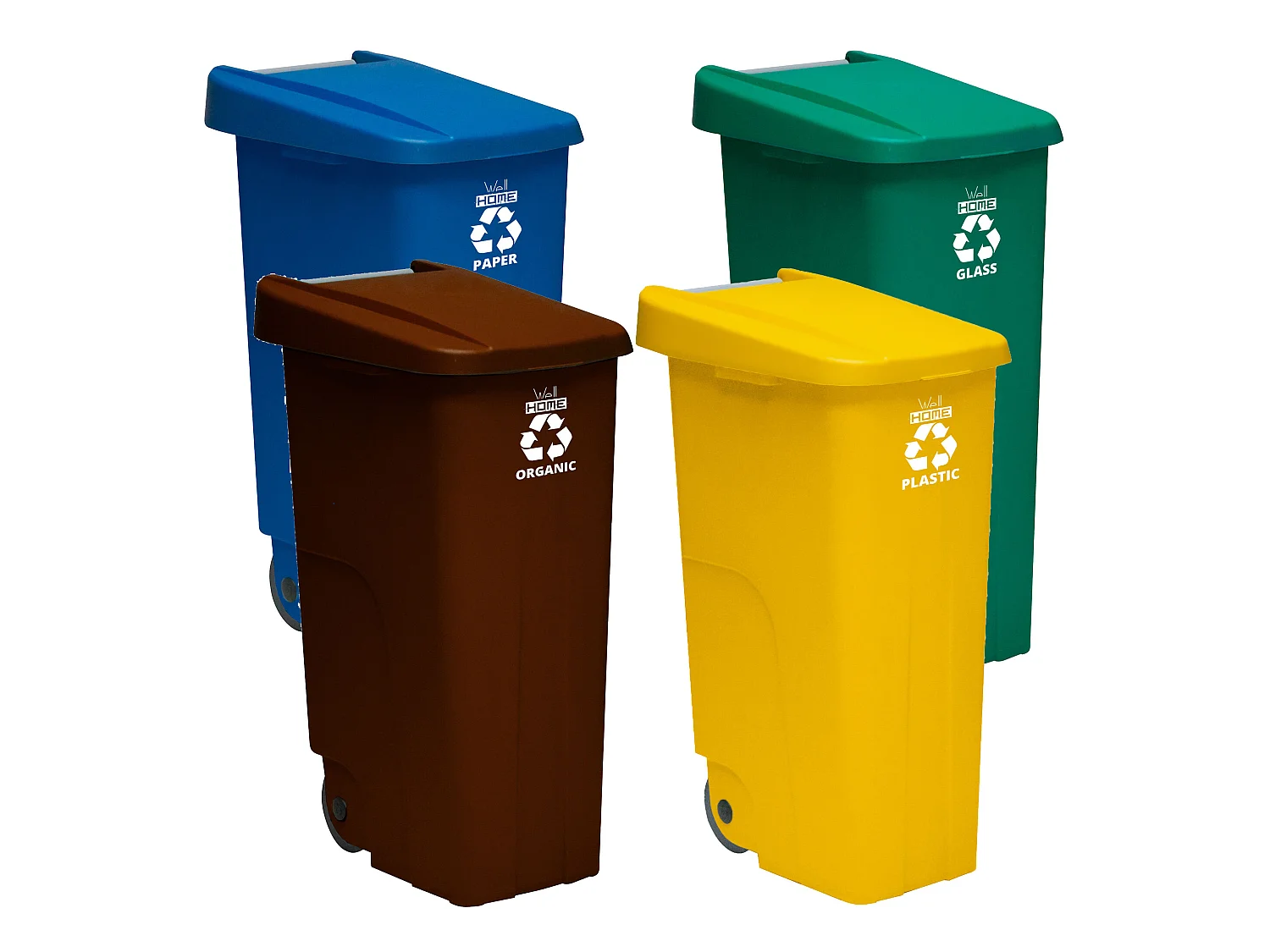 Récipient de recyclage 110 litres fermé chacun: 440 litres au total, dans 4 conteneurs, en bleu / vert / jaune / jaune, L57 P 42 H88