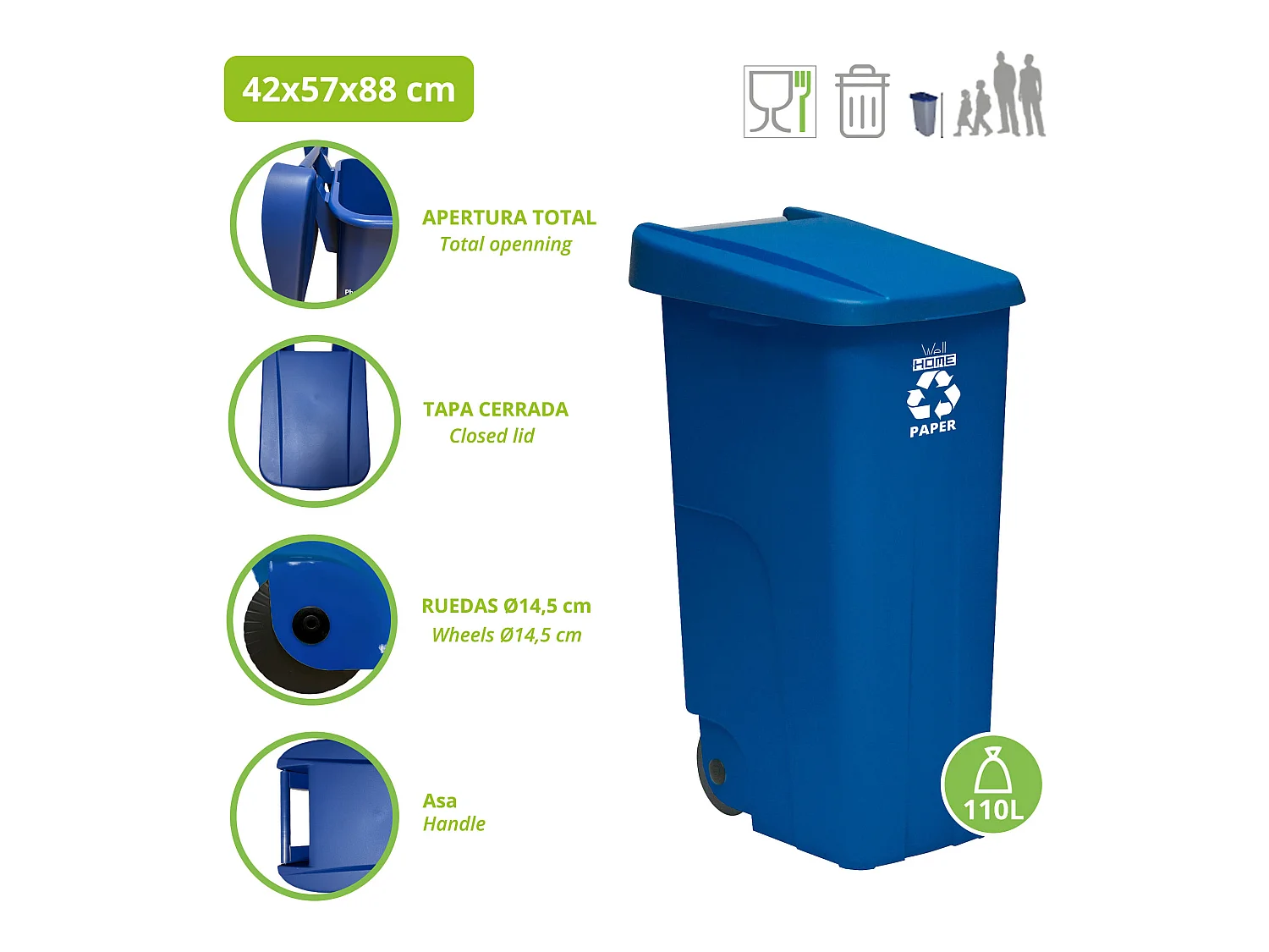 Récipient de recyclage 110 litres fermé chacun: 440 litres au total, dans 4 conteneurs, en bleu / vert / jaune / jaune, L57 P 42 H88