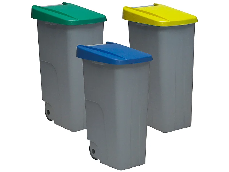 Recycling pack conteneur 110 litres fermé chacun: 330 litres, dans 3 conteneurs, en bleu / vert / jaune couleurs, L57 P 42 H88