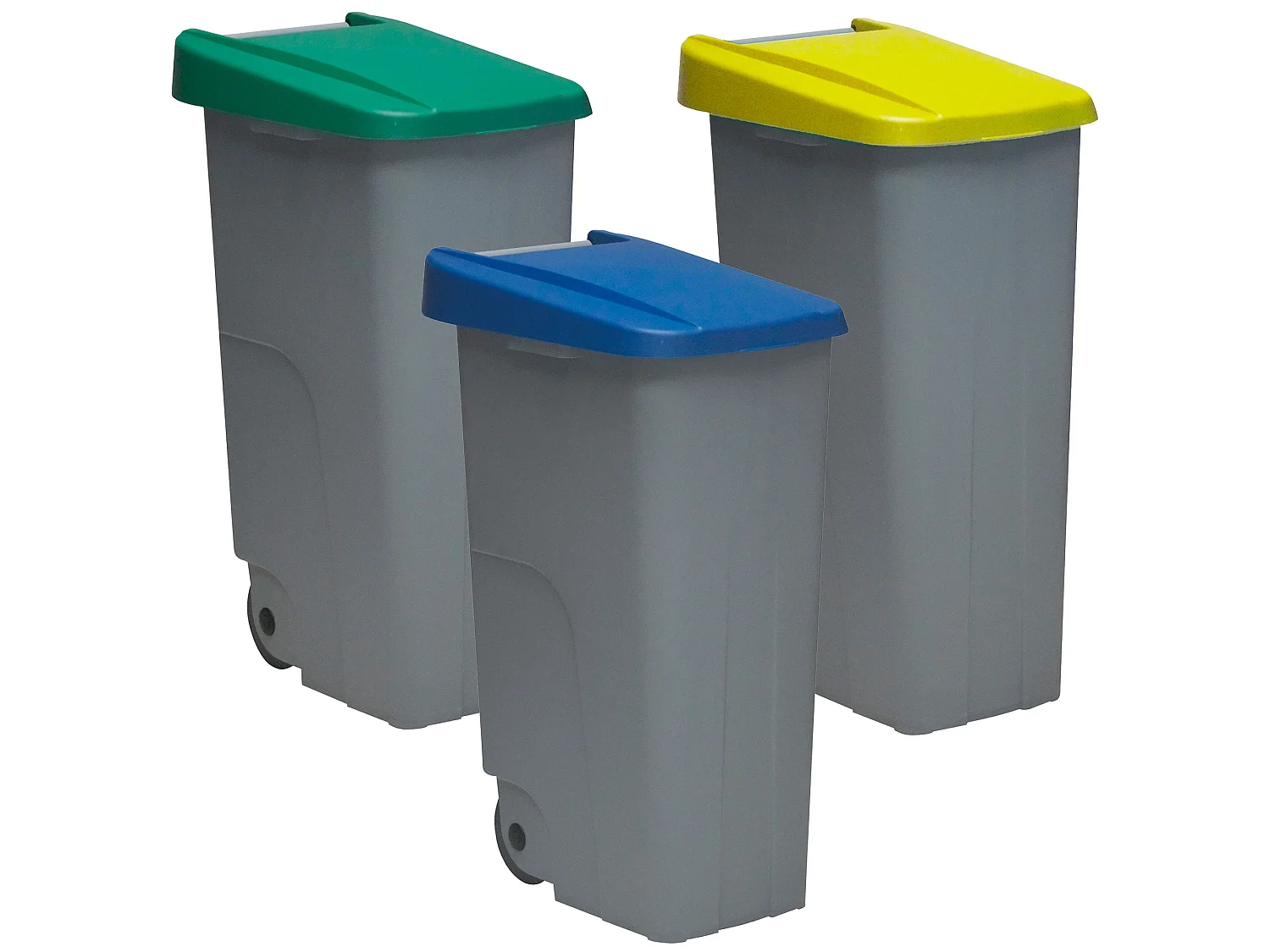 Recycling pack conteneur 110 litres fermé chacun: 330 litres, dans 3 conteneurs, en bleu / vert / jaune couleurs, L57 P 42 H88