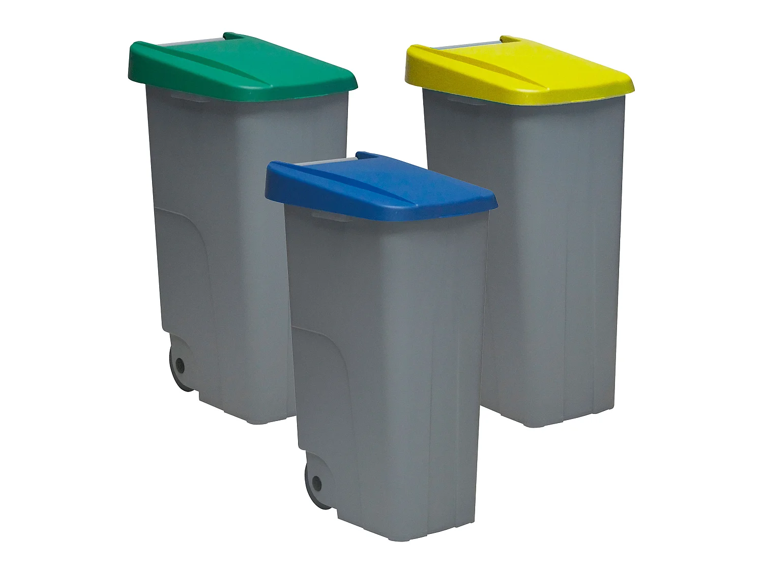 Recycling pack conteneur 110 litres fermé chacun: 330 litres, dans 3 conteneurs, en bleu / vert / jaune couleurs, L57 P 42 H88