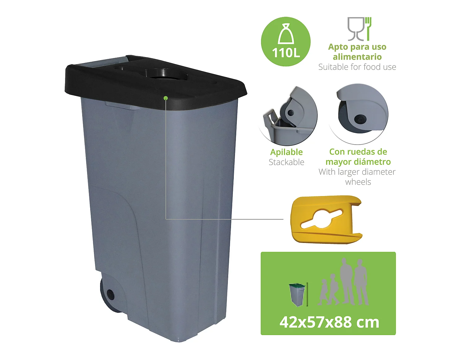 Ouverture de récipient de recyclage de 110 litres + sacs à ordures 3x de 10 unités, L57 P 42 H88