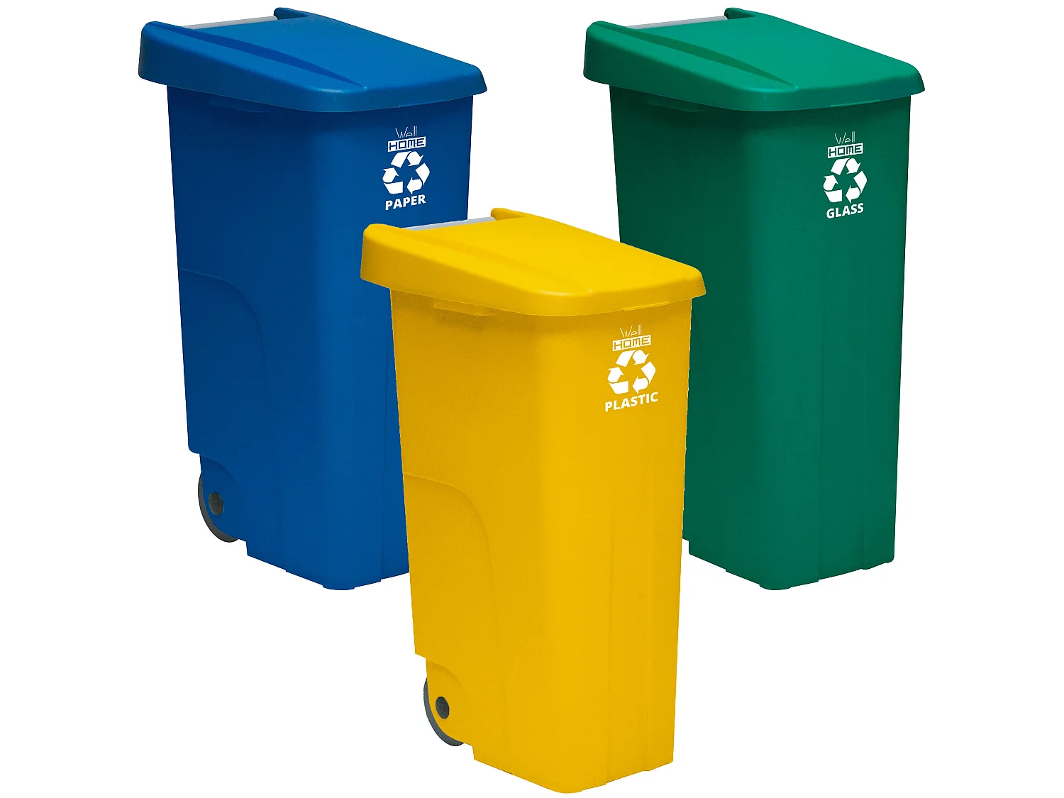Récipients de recycle de 110 litres fermé chacun: 330 litres, dans 3 conteneurs, en bleu / vert / jaune couleurs, L57 P 42 H88