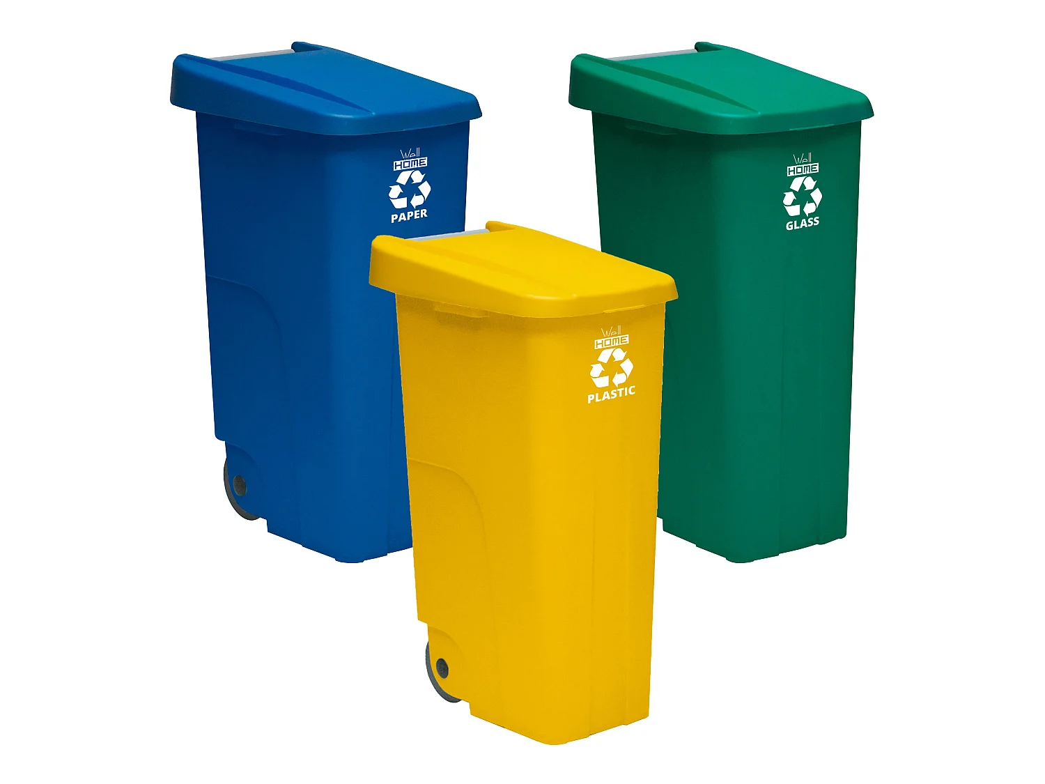 Récipients de recycle de 110 litres fermé chacun: 330 litres, dans 3 conteneurs, en bleu / vert / jaune couleurs, L57 P 42 H88