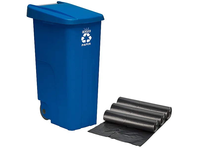 Recycle container 110 litres, fermé avec le couvercle, idéal pour le recyclage en papier et en carton, avec des roues + 3x 10 unités sacs à ordures, L57 P 42 H88