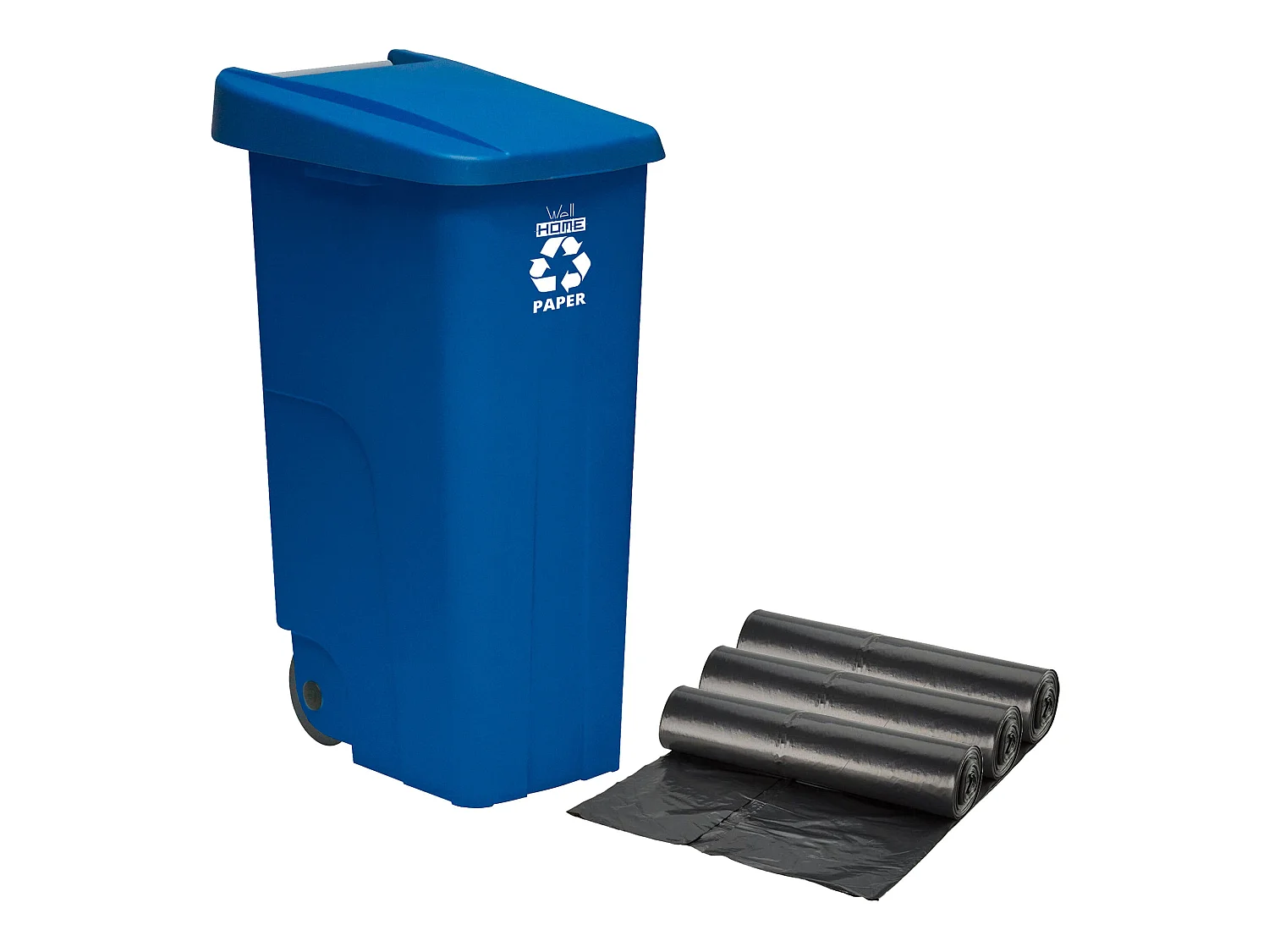 Recycle container 110 litres, fermé avec le couvercle, idéal pour le recyclage en papier et en carton, avec des roues + 3x 10 unités sacs à ordures, L57 P 42 H88