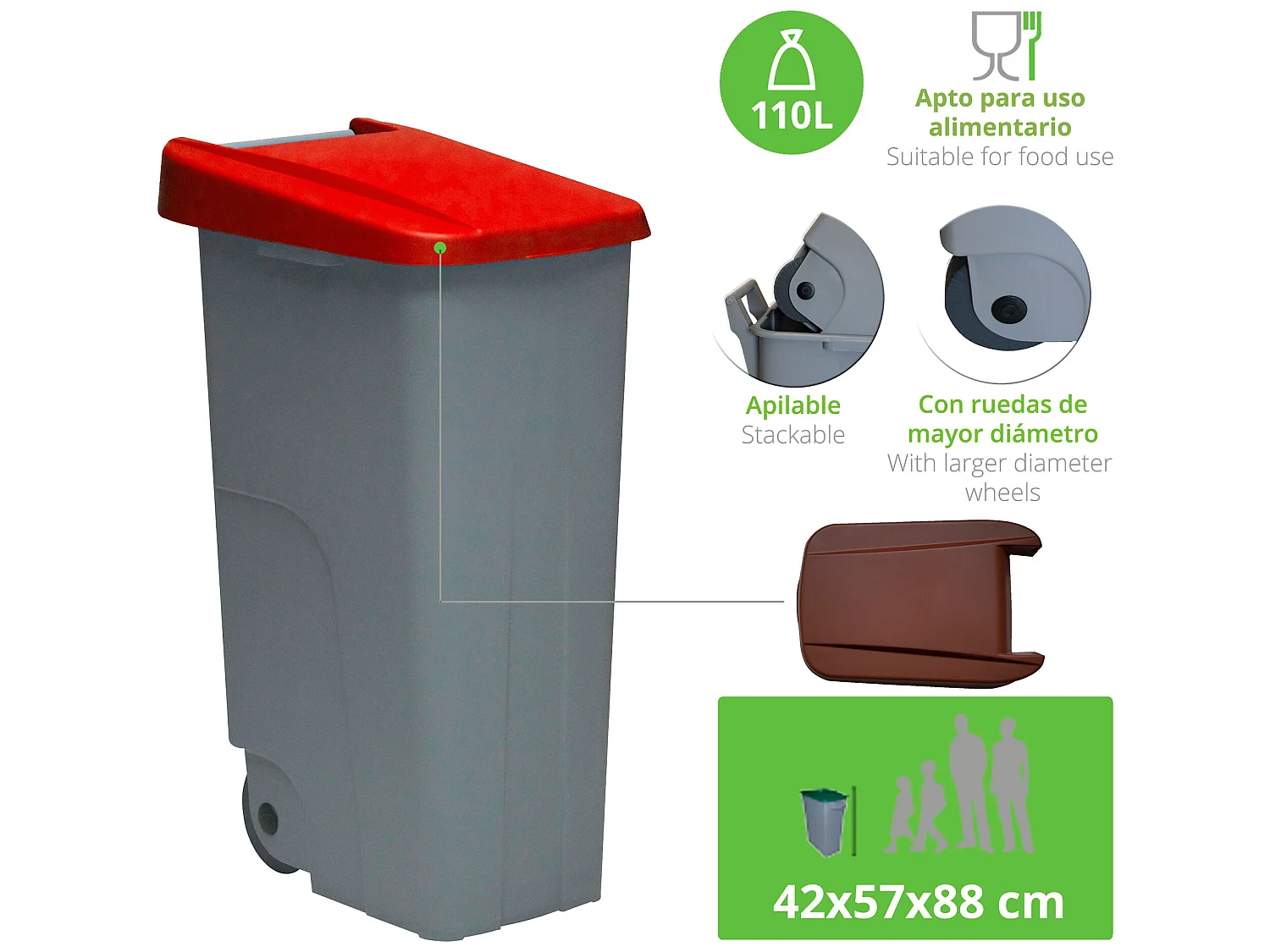 Recycler le conteneur 110 litres fermé + 3x sacs à ordures de 10 unités, L57 P 42 H88