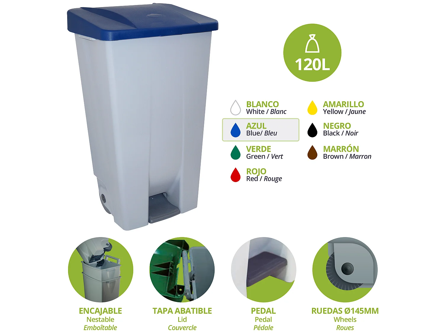 Conteneur sélectif 120 litres + 3x sacs à ordures de 10 unités, L57 P 42 H88