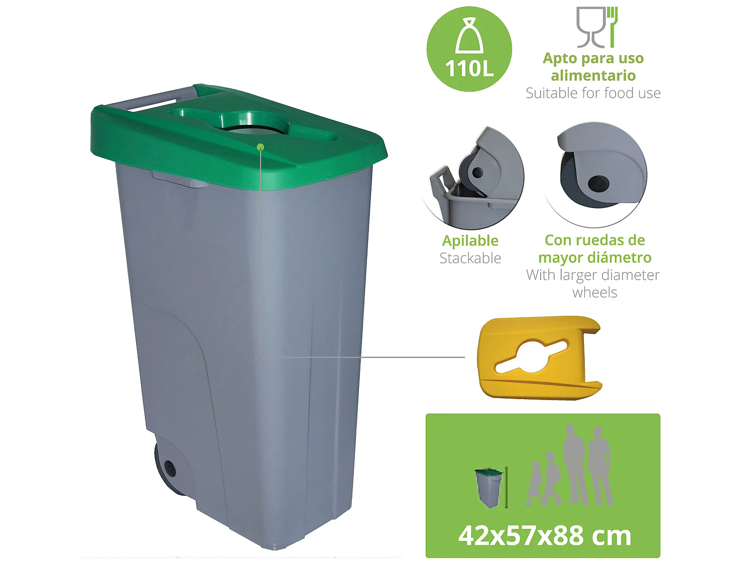 Ouverture de récipient de recyclage de 110 litres + sacs à ordures 3x de 10 unités, L57 P 42 H88
