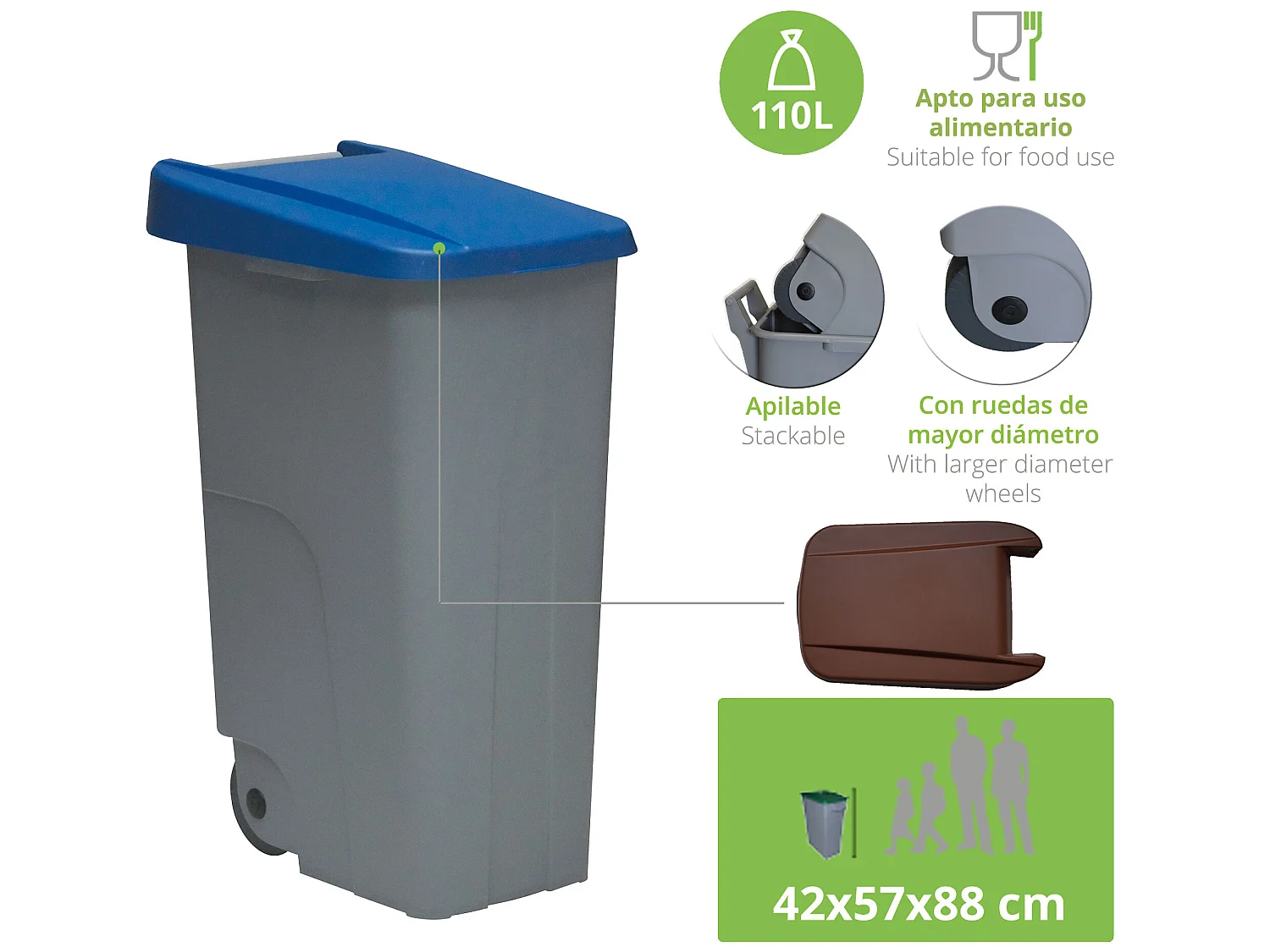 Recycler le conteneur 110 litres fermé + 3x sacs à ordures de 10 unités, L57 P 42 H88