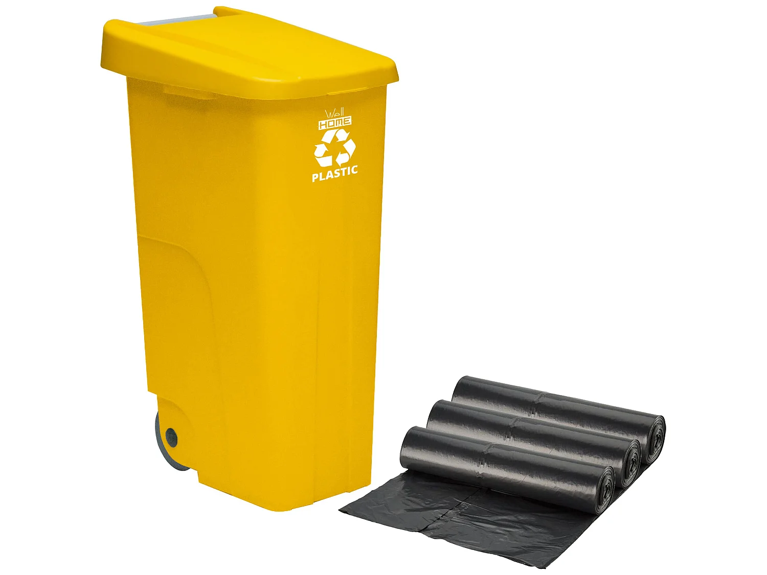 Container recycle 110 litres, fermé avec le couvercle, idéal pour le recyclage des plastiques, avec des roues + 3x sacs à ordures de 10 unités, L57 P 42 H88