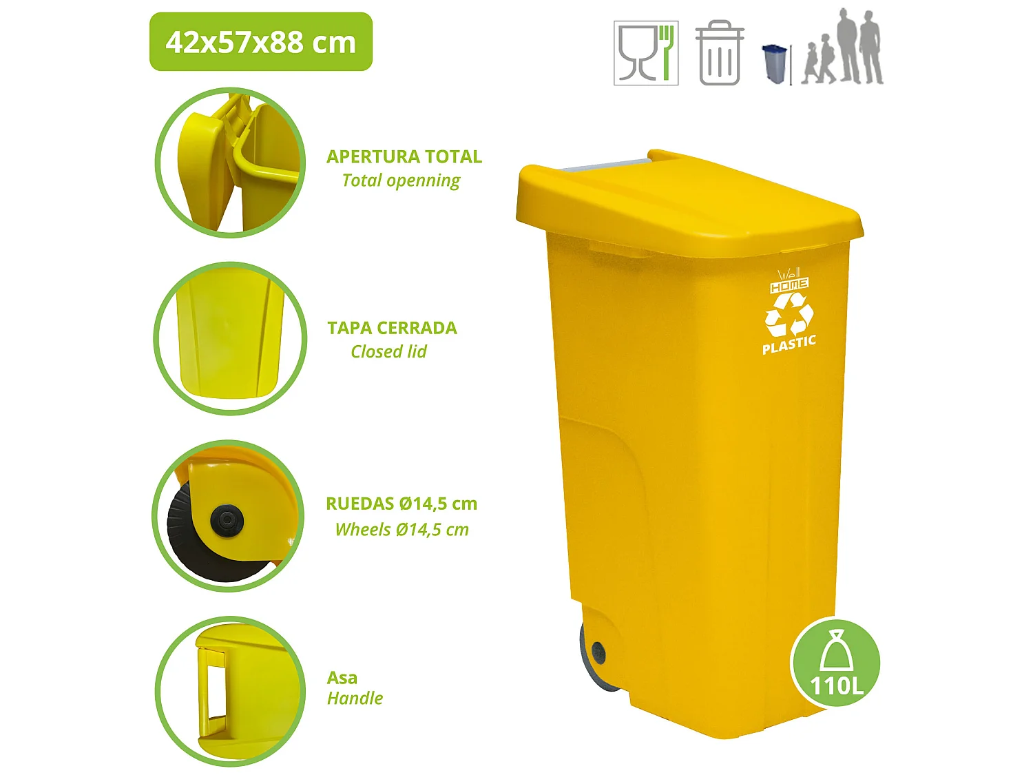 Container recycle 110 litres, fermé avec le couvercle, idéal pour le recyclage des plastiques, avec des roues + 3x sacs à ordures de 10 unités, L57 P 42 H88