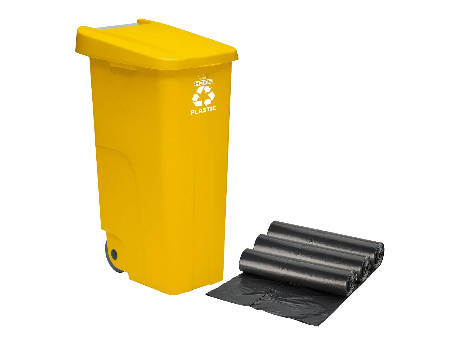 Container recycle 110 litres, fermé avec le couvercle, idéal pour le recyclage des plastiques, avec des roues + 3x sacs à ordures de 10 unités, L57 P 42 H88