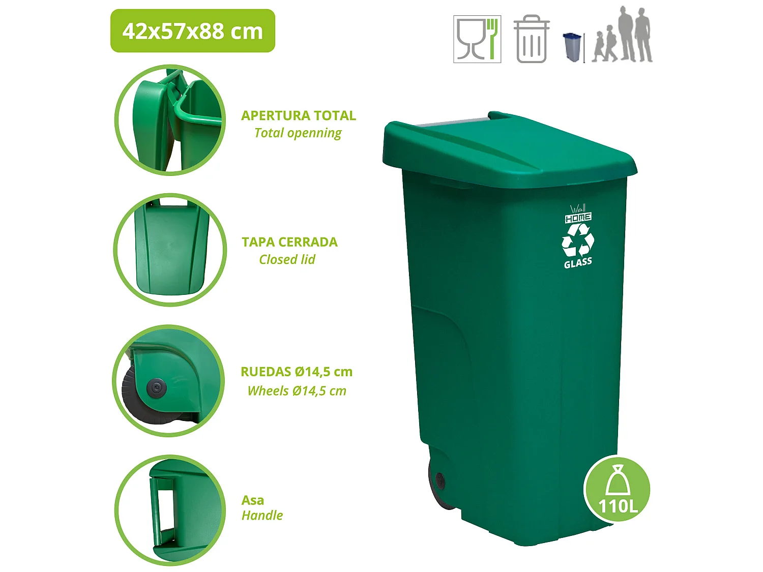 Récipient de recycle 110 litres, fermé avec le couvercle, idéal pour le recyclage en verre, avec roues, L42 P57 H88
