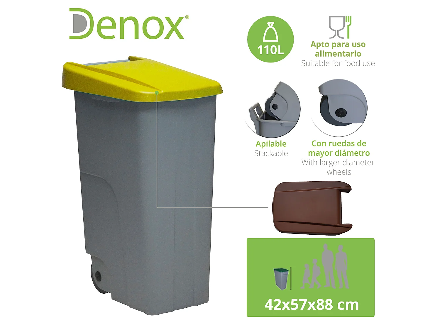 Recycler le conteneur 110 litres fermé + 3x sacs à ordures de 10 unités, L51 P 42 H88