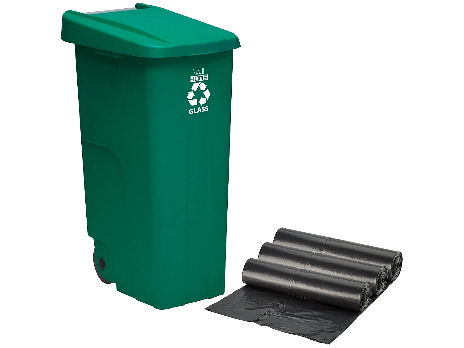 Recycle de récipient 110 litres, fermé avec le couvercle, idéal pour le recyclage en verre, avec des roues + 3x sacs à ordures de 10 unités, L57 P 42 H88