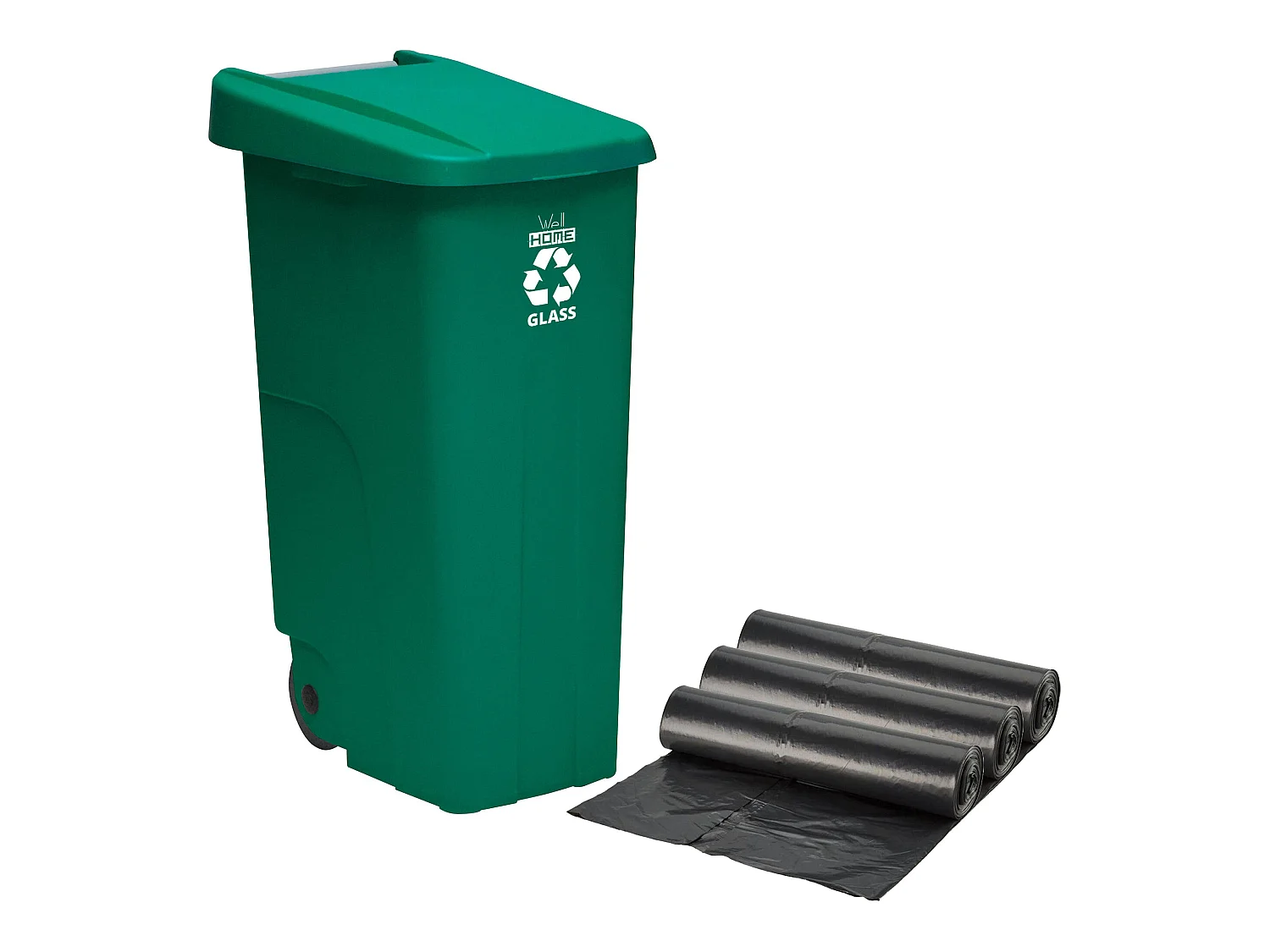 Recycle de récipient 110 litres, fermé avec le couvercle, idéal pour le recyclage en verre, avec des roues + 3x sacs à ordures de 10 unités, L57 P 42 H88