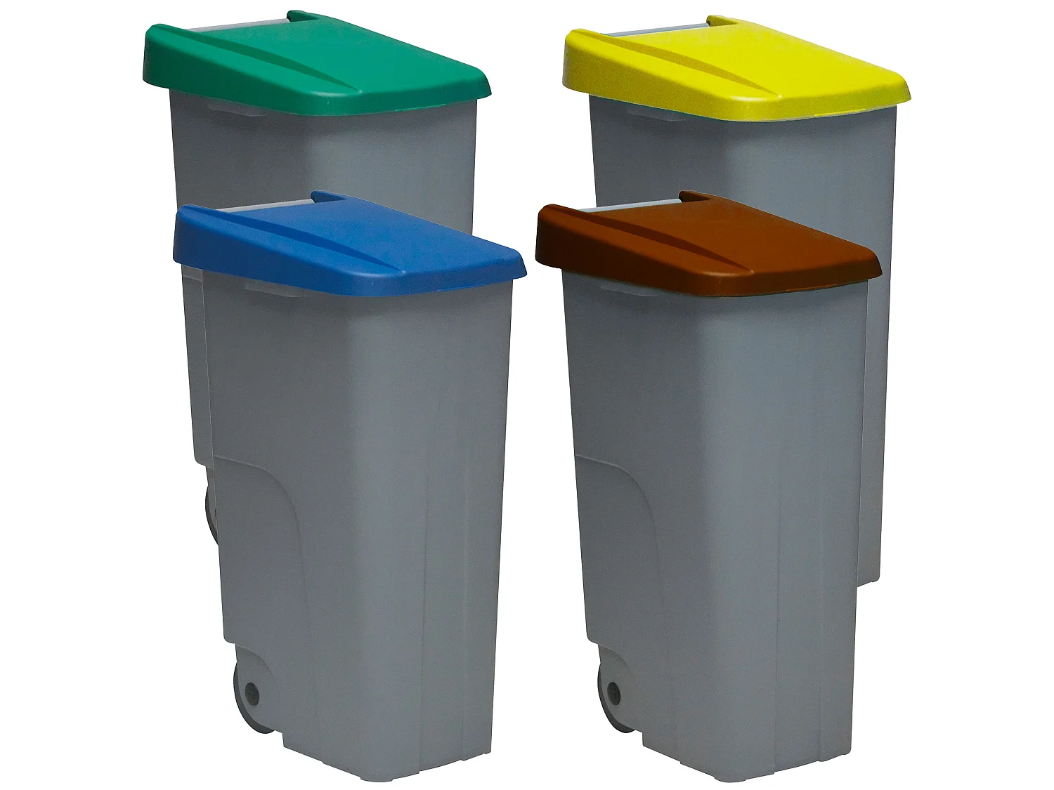 Recycling Pack Recycle Recycle Conteneur 110 litres fermé chacun: 440 litres au total, dans 4 conteneurs, en bleu / vert / jaune / brun couleurs