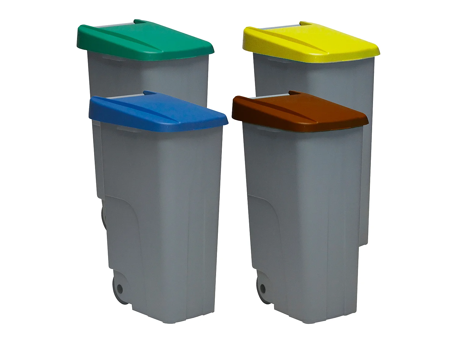 Recycling Pack Recycle Recycle Conteneur 110 litres fermé chacun: 440 litres au total, dans 4 conteneurs, en bleu / vert / jaune / brun couleurs