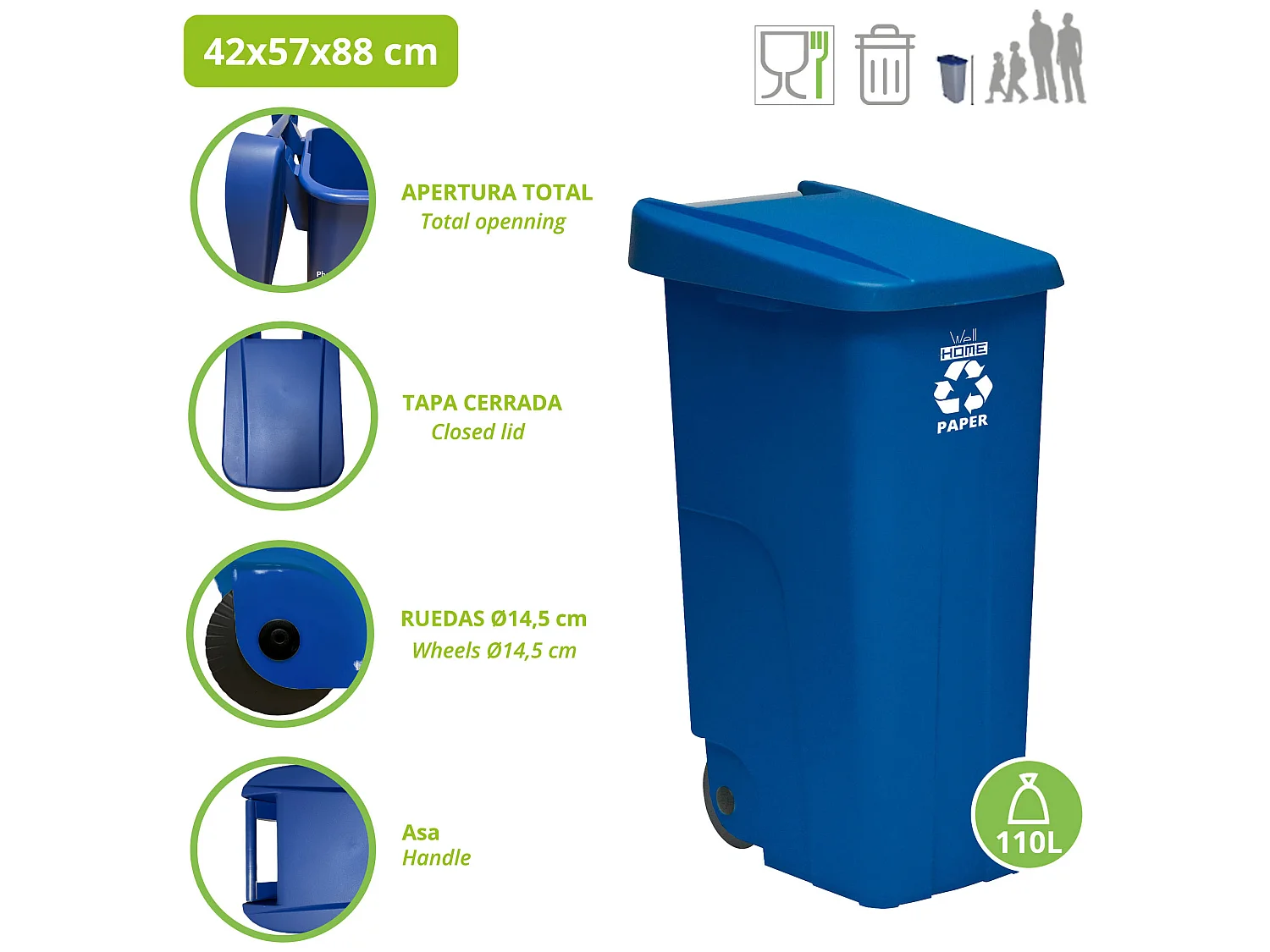 Contauteur recycle 110 litres, fermé avec le couvercle, idéal pour le recyclage en papier et en carton, avec roues, L42 P57 H88